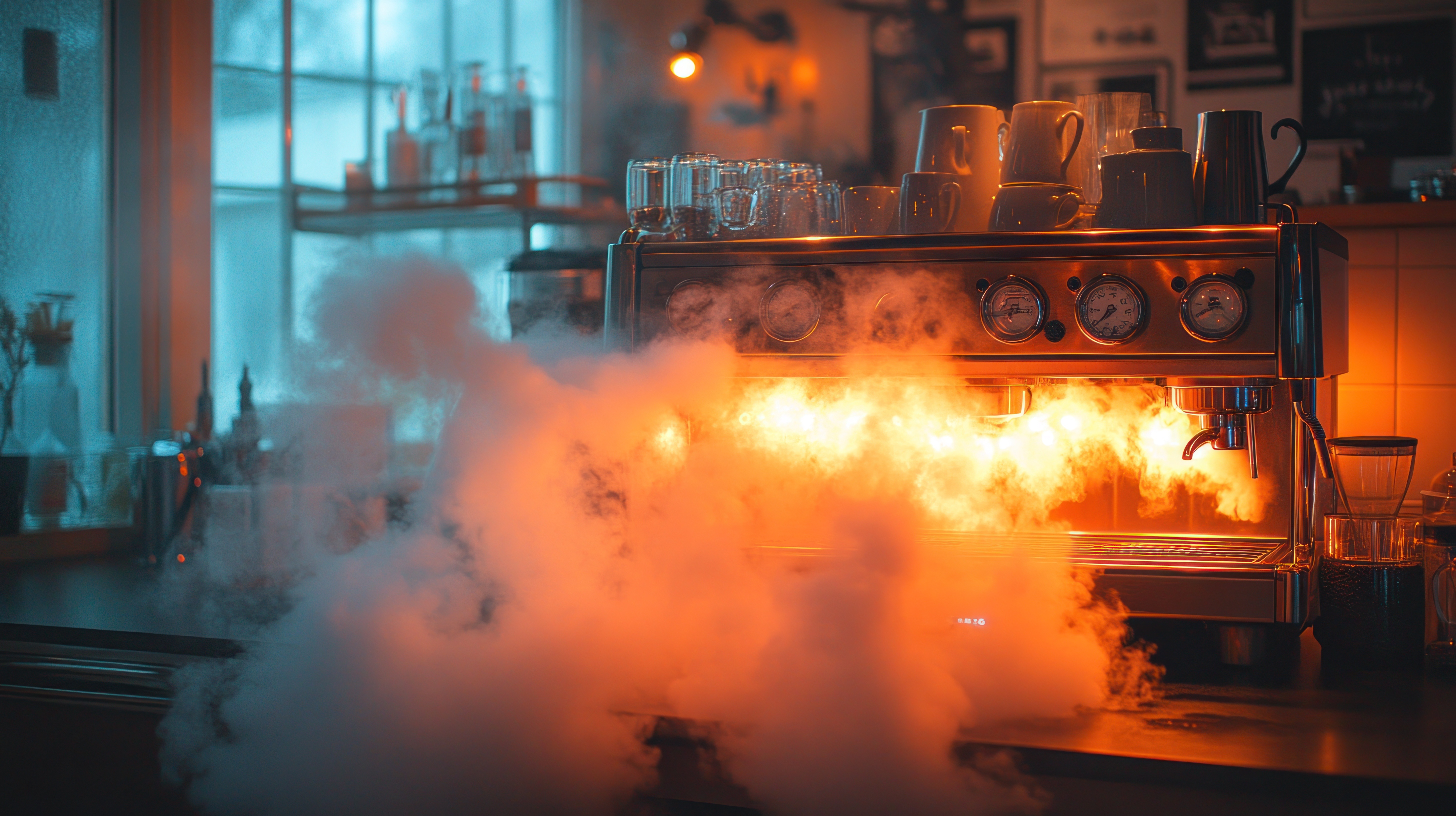 Malfunctioning espresso machine with steam